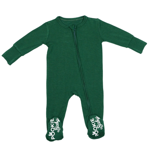 Dark Green Bamboo Viscose Pookie Jamas Zipper Footies