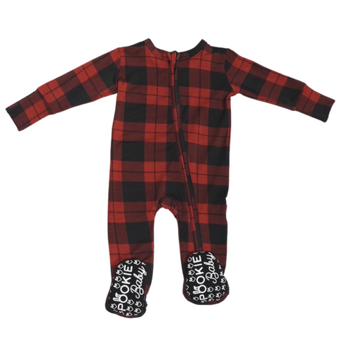 Red Plaid Bamboo Viscose Pookie Jamas Zipper Footies