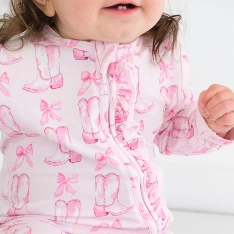 Boots and Bows Footie Ruffled Zippered One Piece